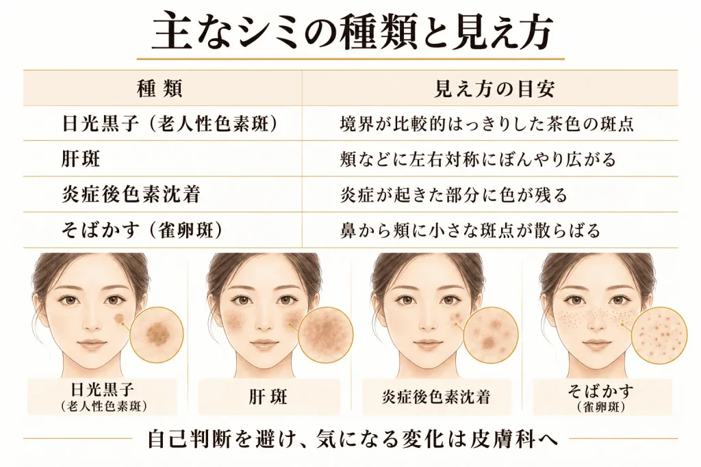 主なシミの種類と見え方を、表とイラストでわかりやすくまとめた図