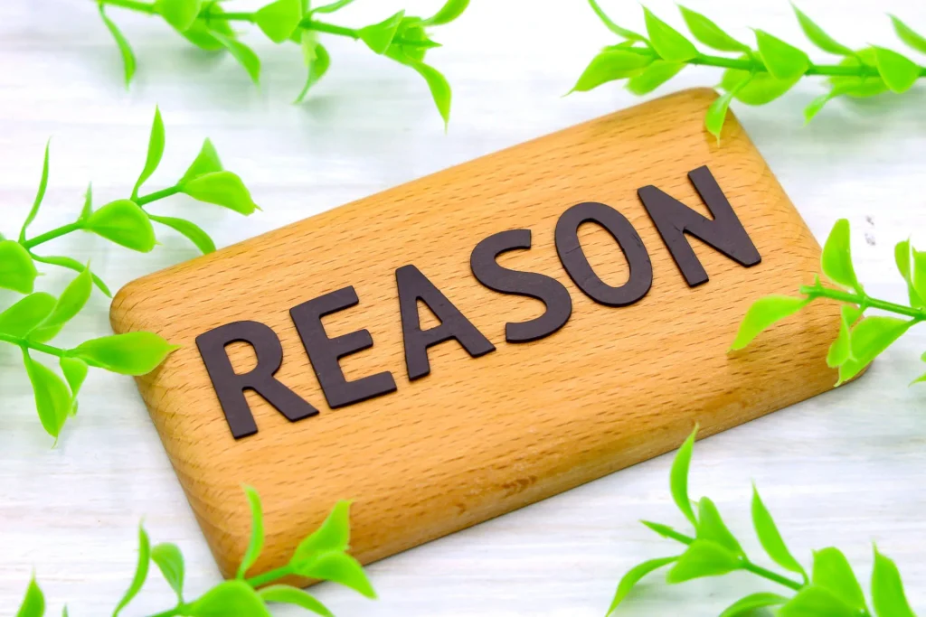 緑の葉に囲まれた「REASON」と書かれた木製プレート