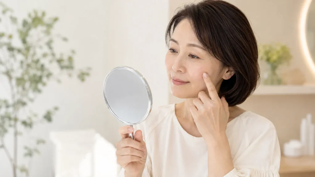 鏡を見ながら頬のシミを確認する50代女性