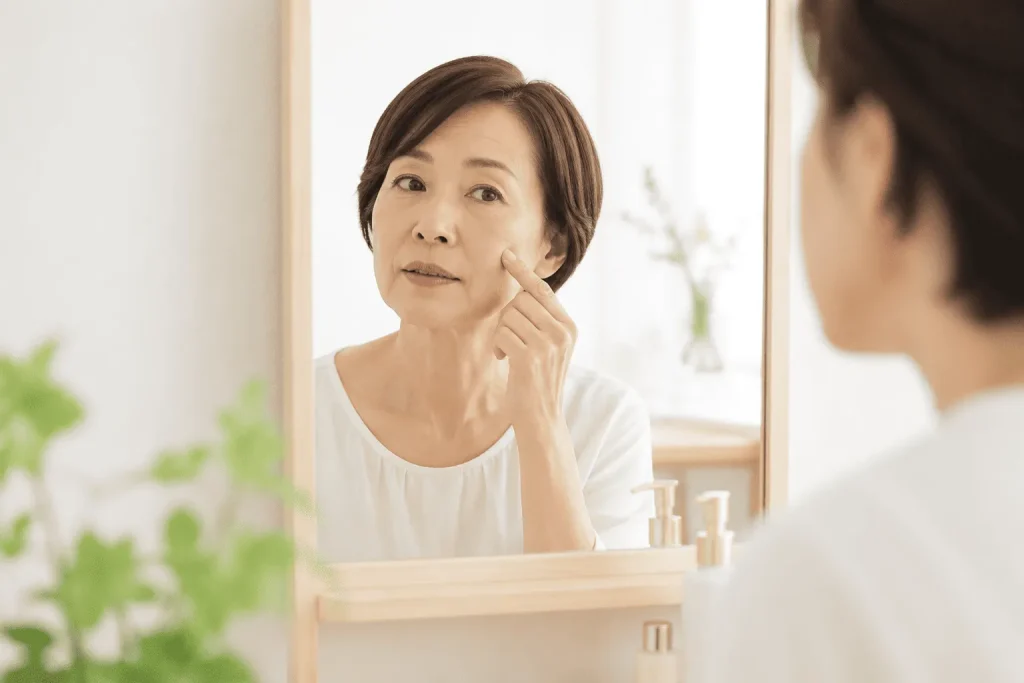鏡を見ながら頬のシミを確認する50代女性