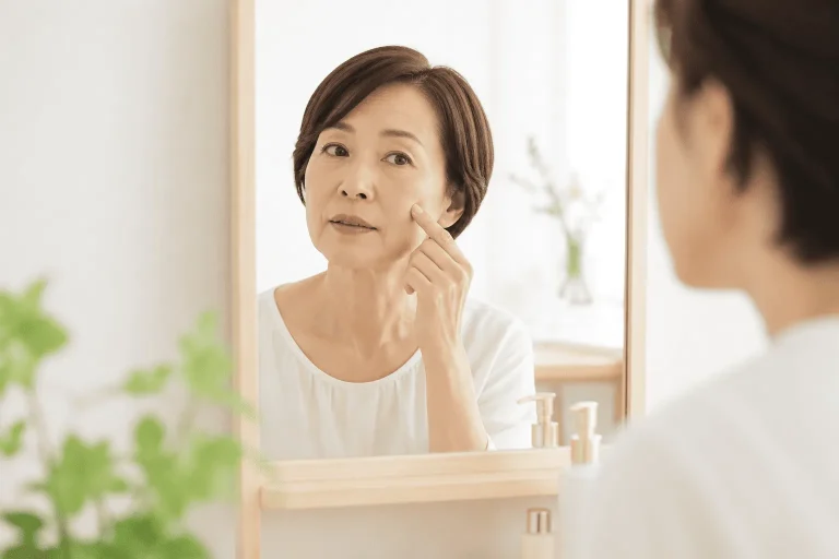 鏡を見ながら頬のシミを確認する50代女性