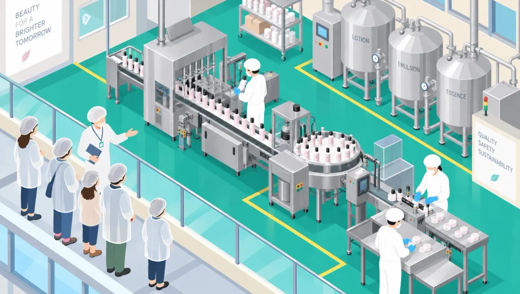 見学通路から化粧品の製造ラインを見学する工場見学のアイソメトリックイラスト