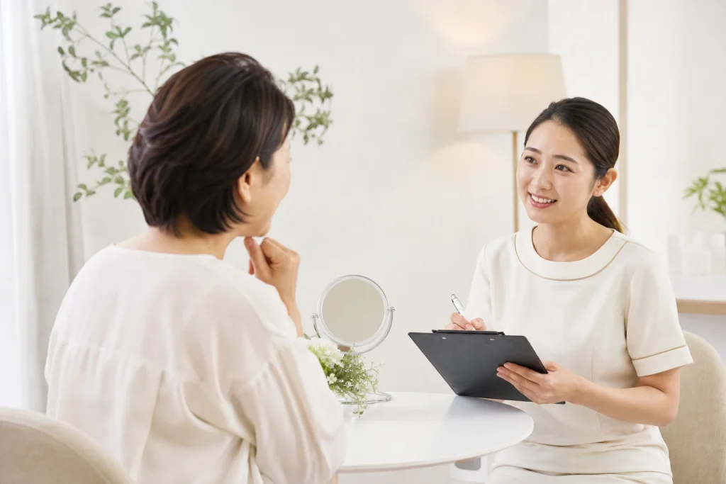 肌とホームケアを相談する女性