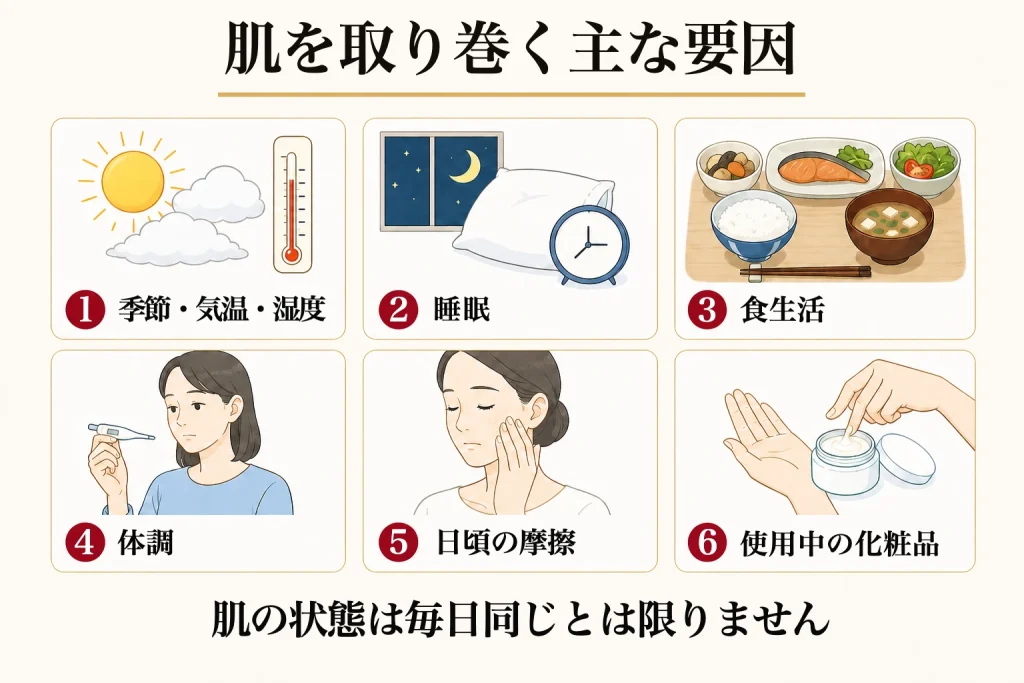 肌を取り巻く六つの要因を示した図