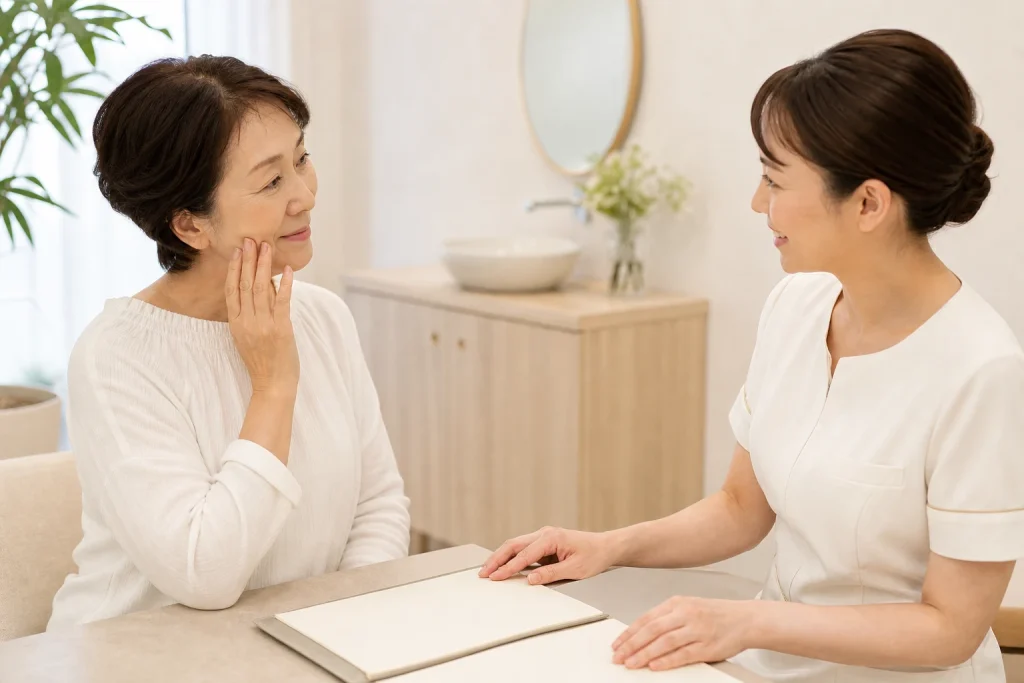 施術前に肌や生活について話す50代女性