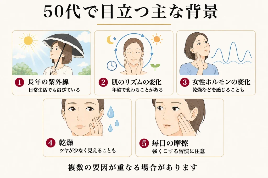 50代でシミが目立つ主な背景を示す図