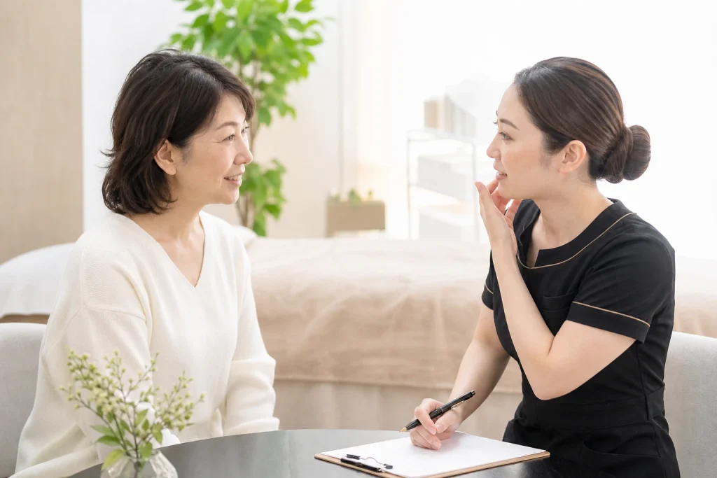 施術前に肌と生活の話を聞く場面