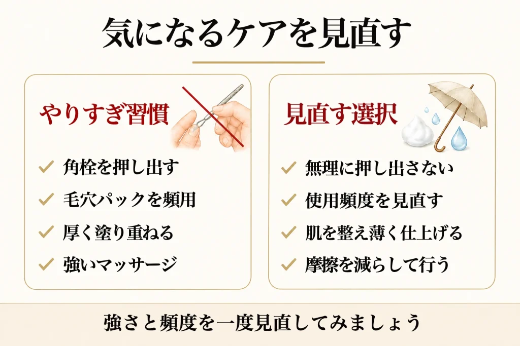 毛穴ケアのやりすぎと見直し方の比較図