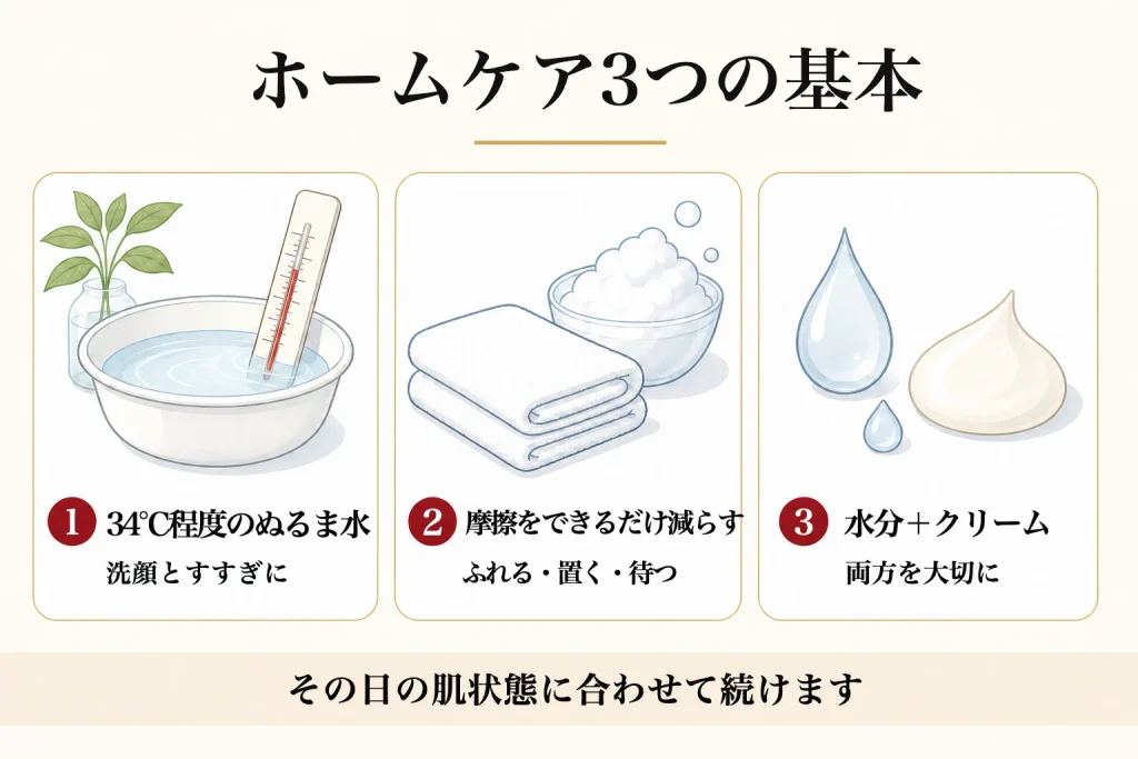 ぬるま水と摩擦と保湿の基本を示す図